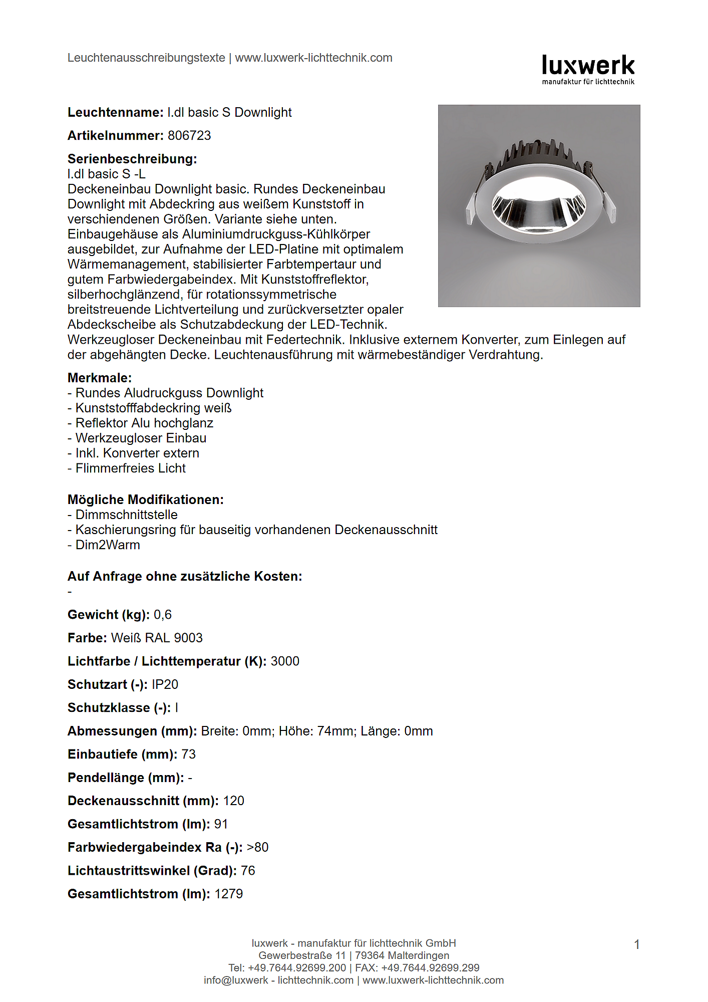 l.dl basic s downlight tender specification 806723 pdf page