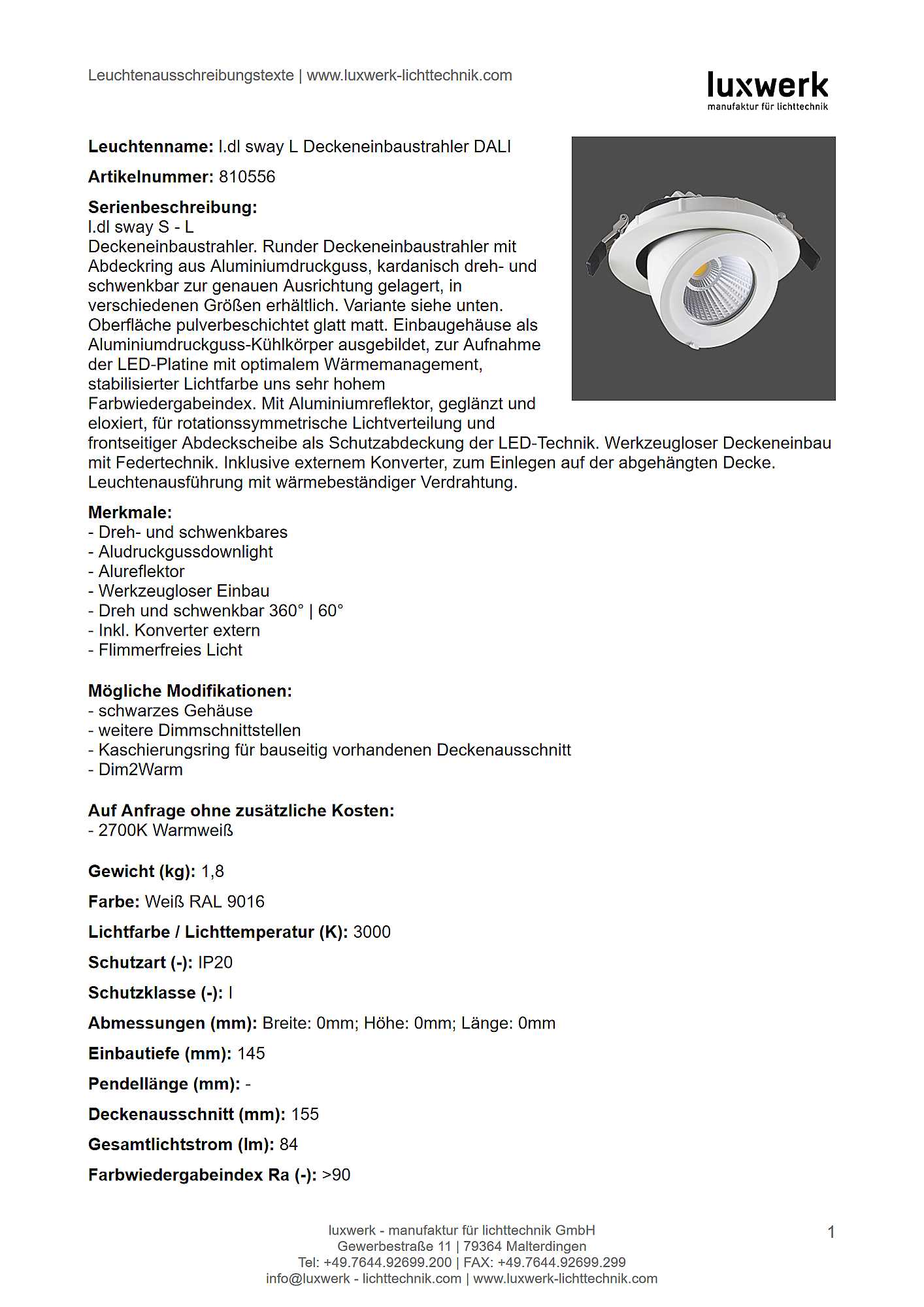 l.dl sway l deckeneinbaustrahler dali tender specification 810556 pdf page