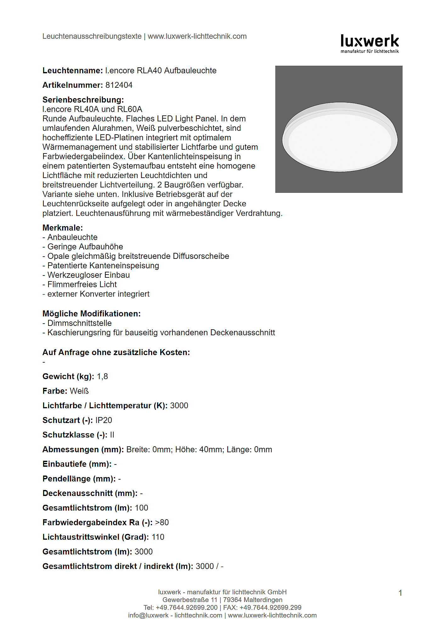 l.encore rla40 aufbauleuchte tender specification 812404 pdf page