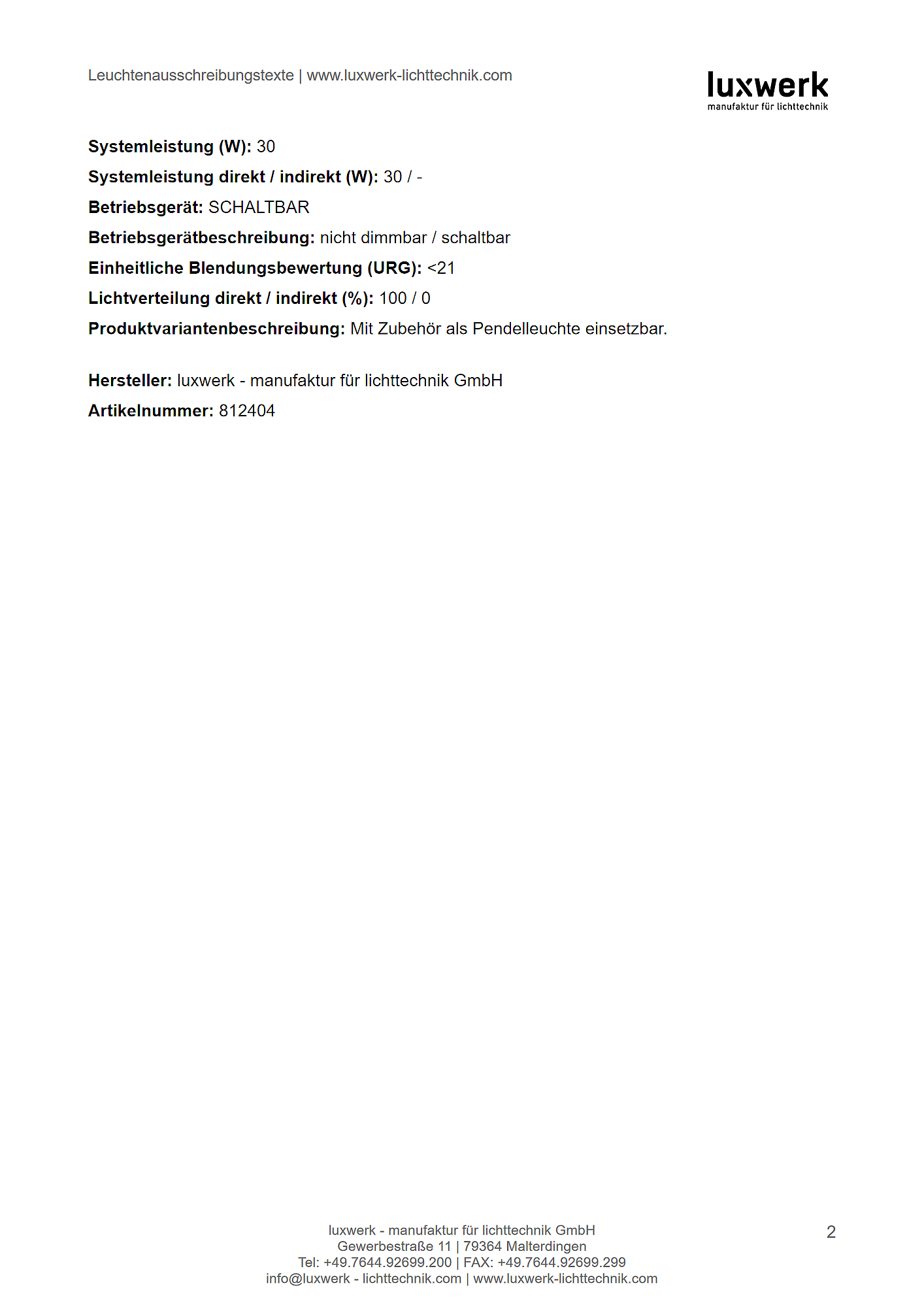 l.encore rla40 aufbauleuchte tender specification 812404 pdf page