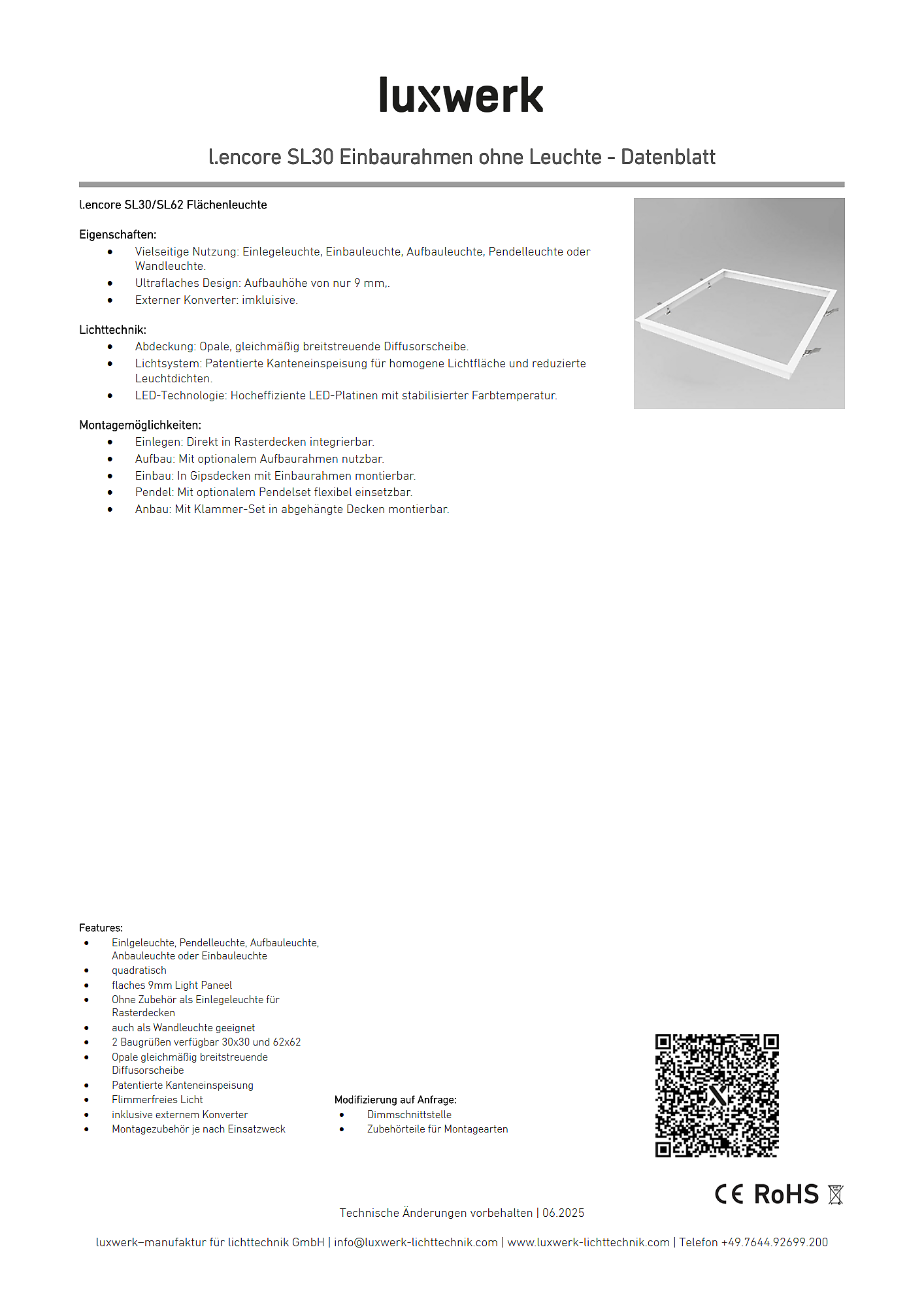 l.encore sl30 einbaurahmen ohne leuchte data sheet 811517 pdf page