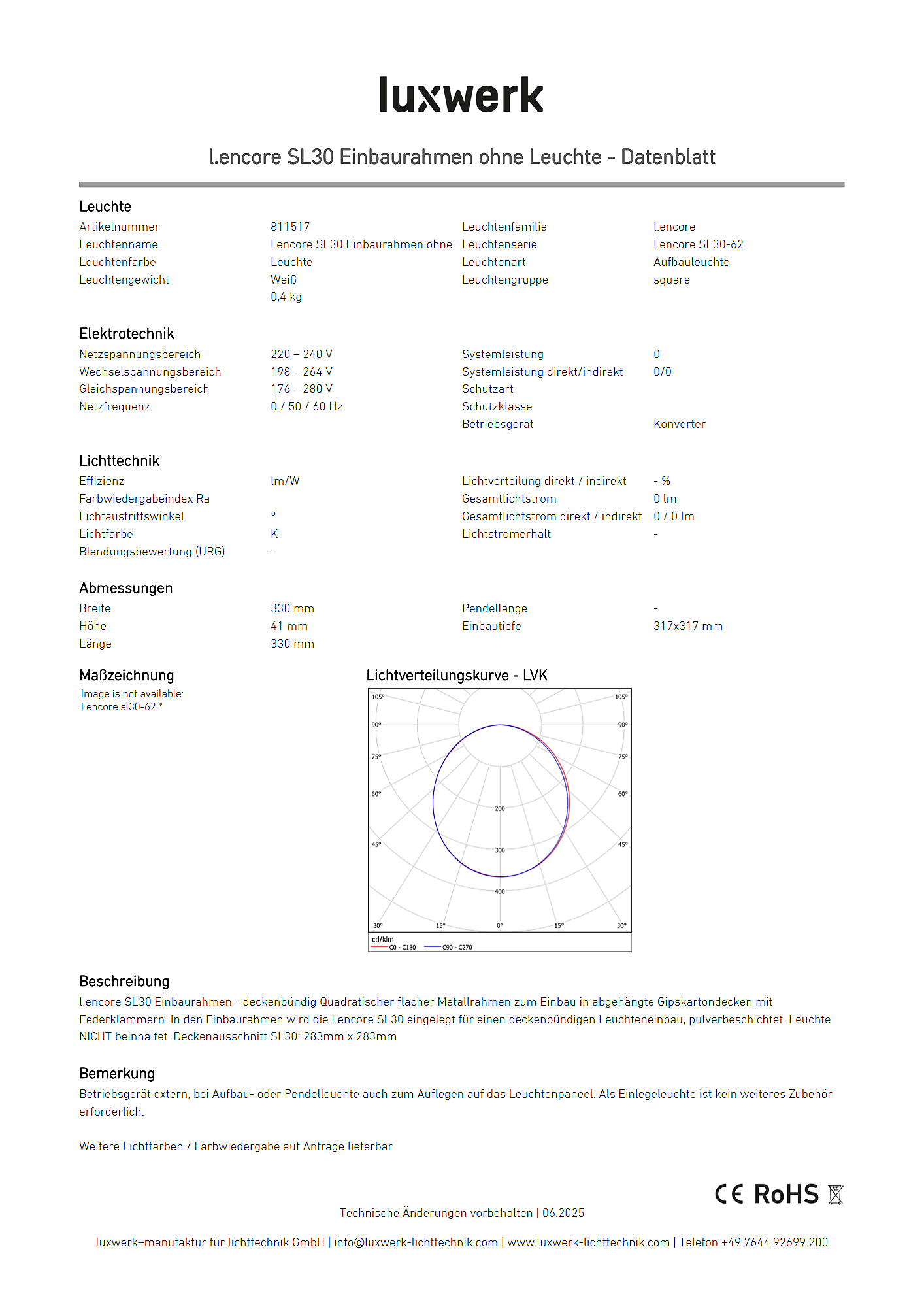 l.encore sl30 einbaurahmen ohne leuchte data sheet 811517 pdf page