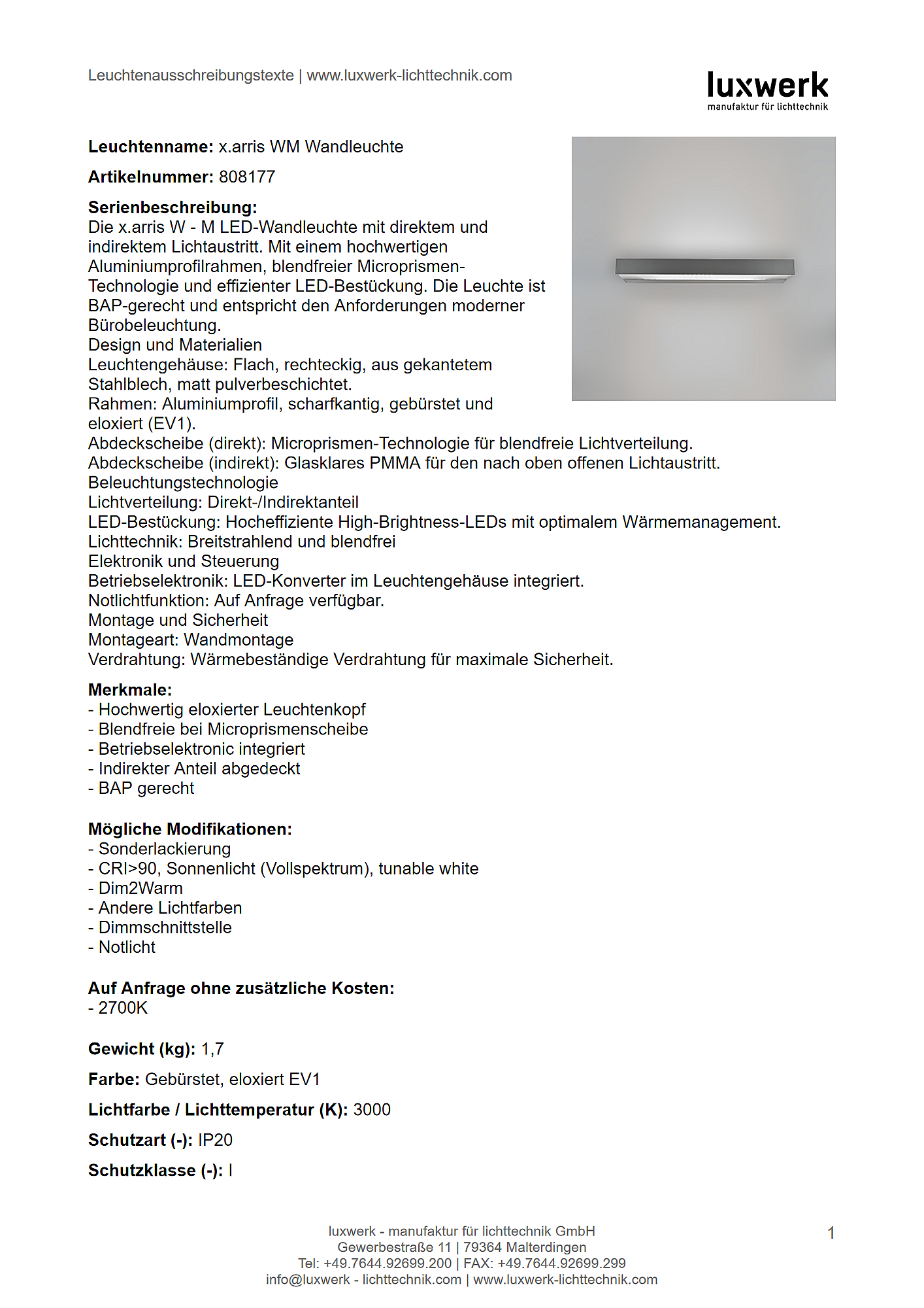 x.arris wm wandleuchte tender specification 808177 pdf page