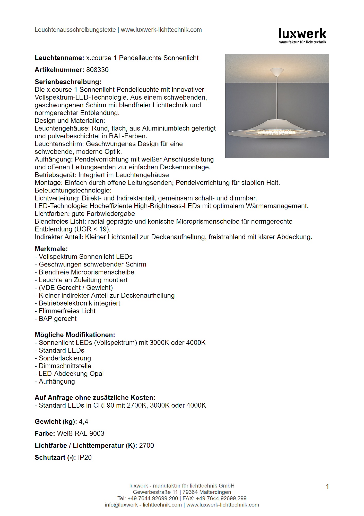x.course 1 pendelleuchte sonnenlicht tender specification 808330 pdf page