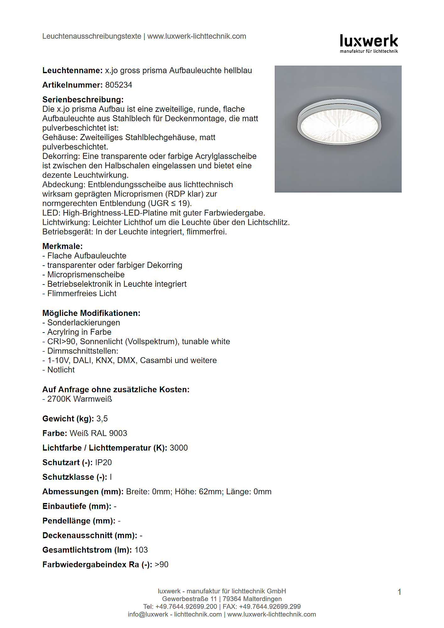 x.jo gross prisma aufbauleuchte hellblau tender specification 805234 pdf page