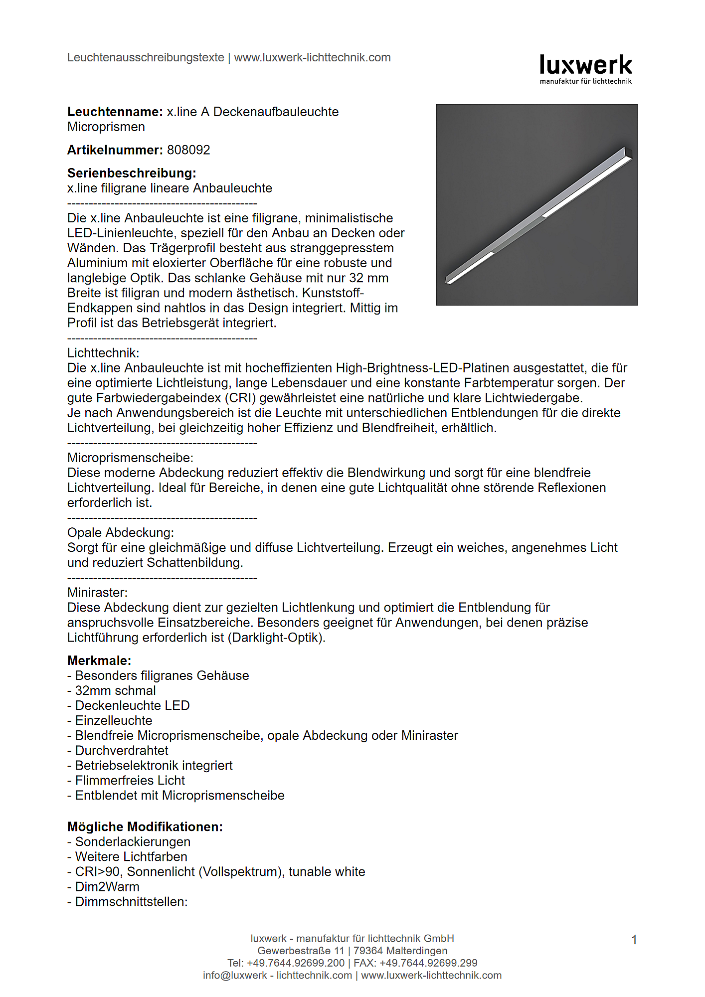 x.line a deckenaufbauleuchte microprismen tender specification 808092 pdf page